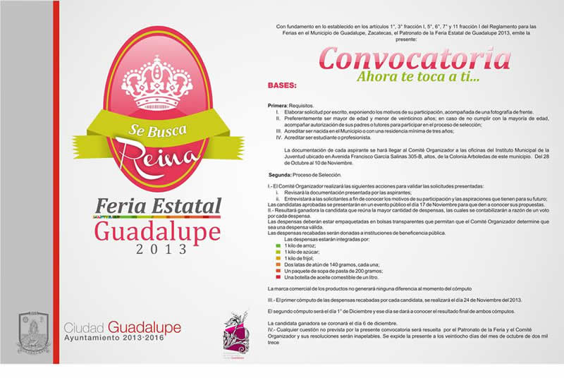 Lanza patronato fe Feria Estatal de Guadalupe convocatoria Para Reina 2014